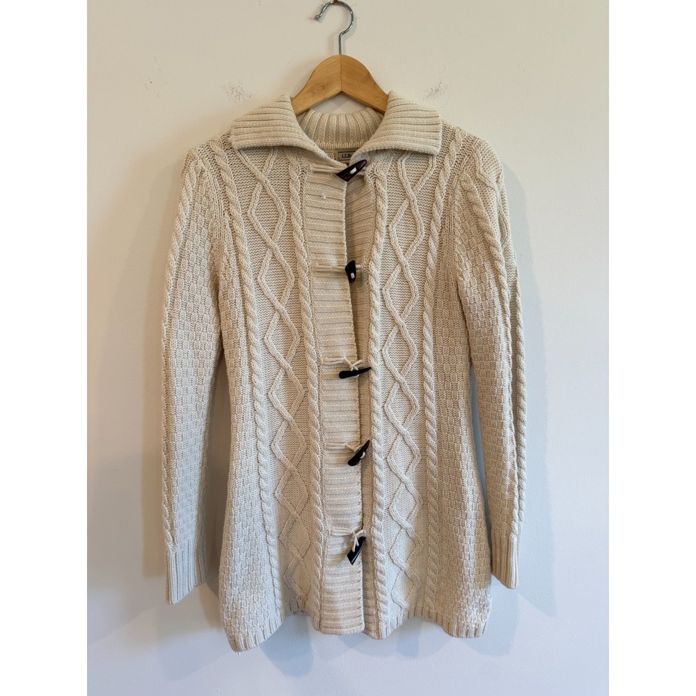 L.L. Bean Cream Long Cable-Knit Toggle Cardigan Sweater Women XS 252162